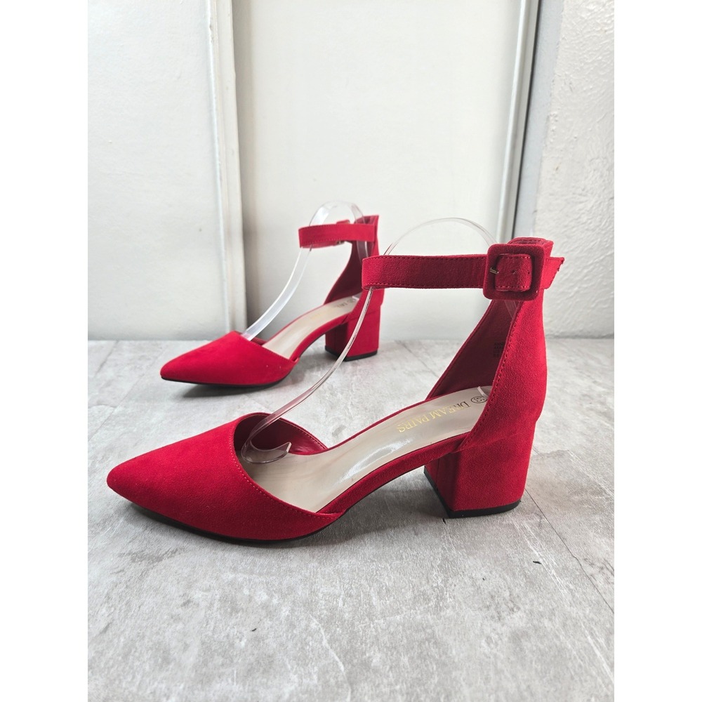 Dream Pairs Ankle Strap Block Heel Pump 9.5 Red Pointed Toe Dressy Retro Shoes